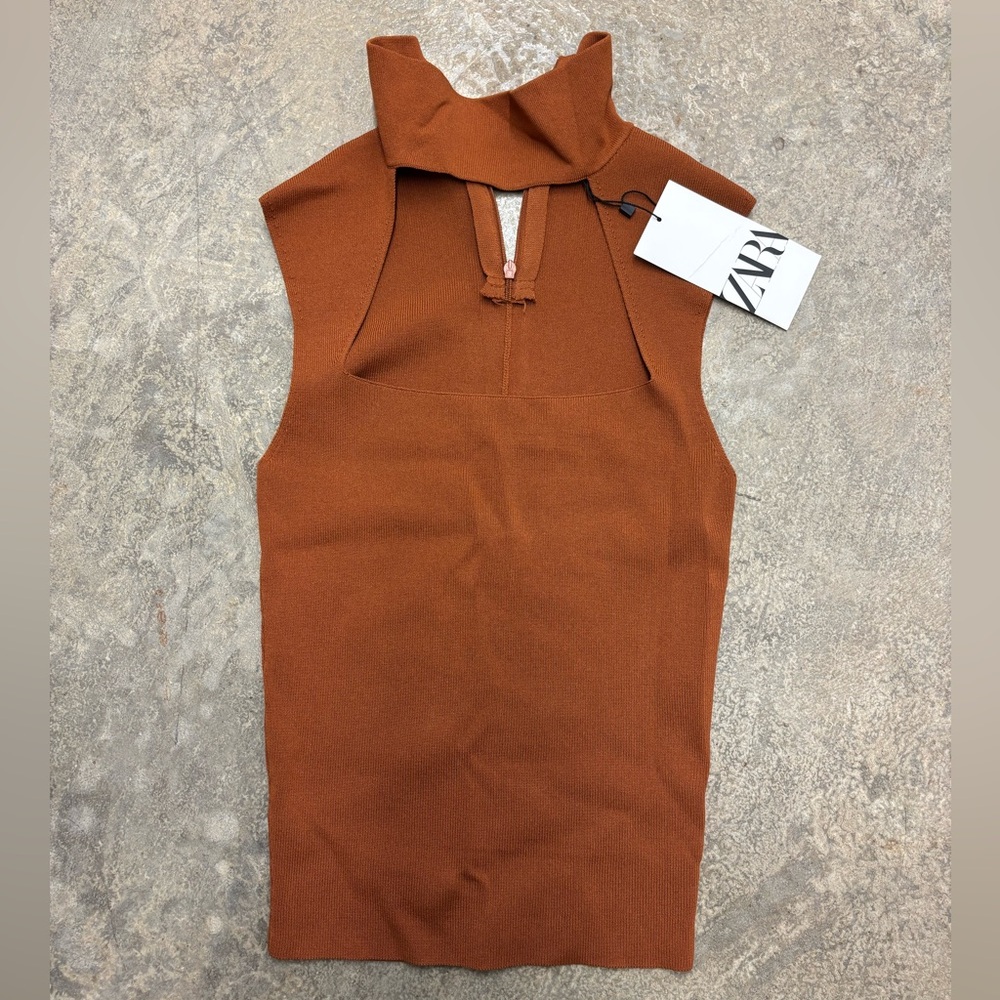 Zara Rust Sleeveless Dress with High Collar